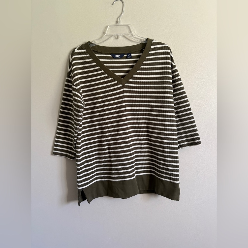 Lands End Sz SP Cotton Stretch 3/4 Sleeve Green Waffle v-Neck Tunic Shirt